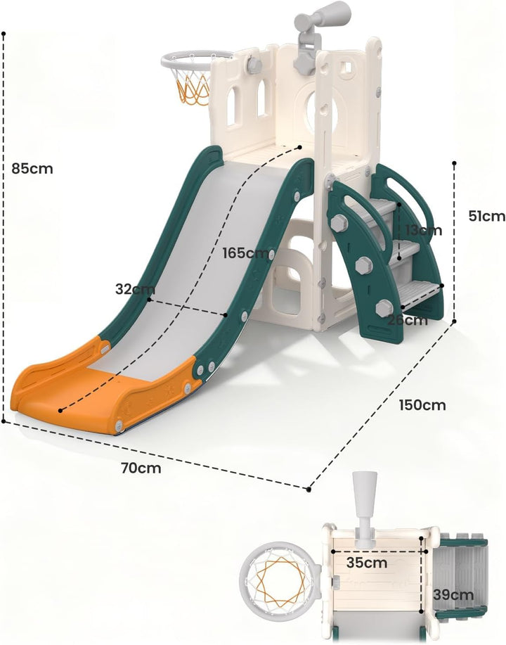 Rutsche für Kleinkinder mit Basketballkorb, Ball &amp; Spielzeug-Teleskop, Indoor &amp; Outdoor Spielplatz S