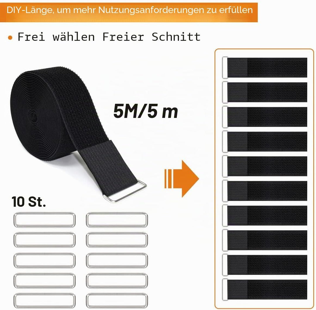 YMCRLUX Klettband Breit 5CM mit 10 Metallschnalle, Frei Zuschneidbar Klettverschluss Band, Wiederver