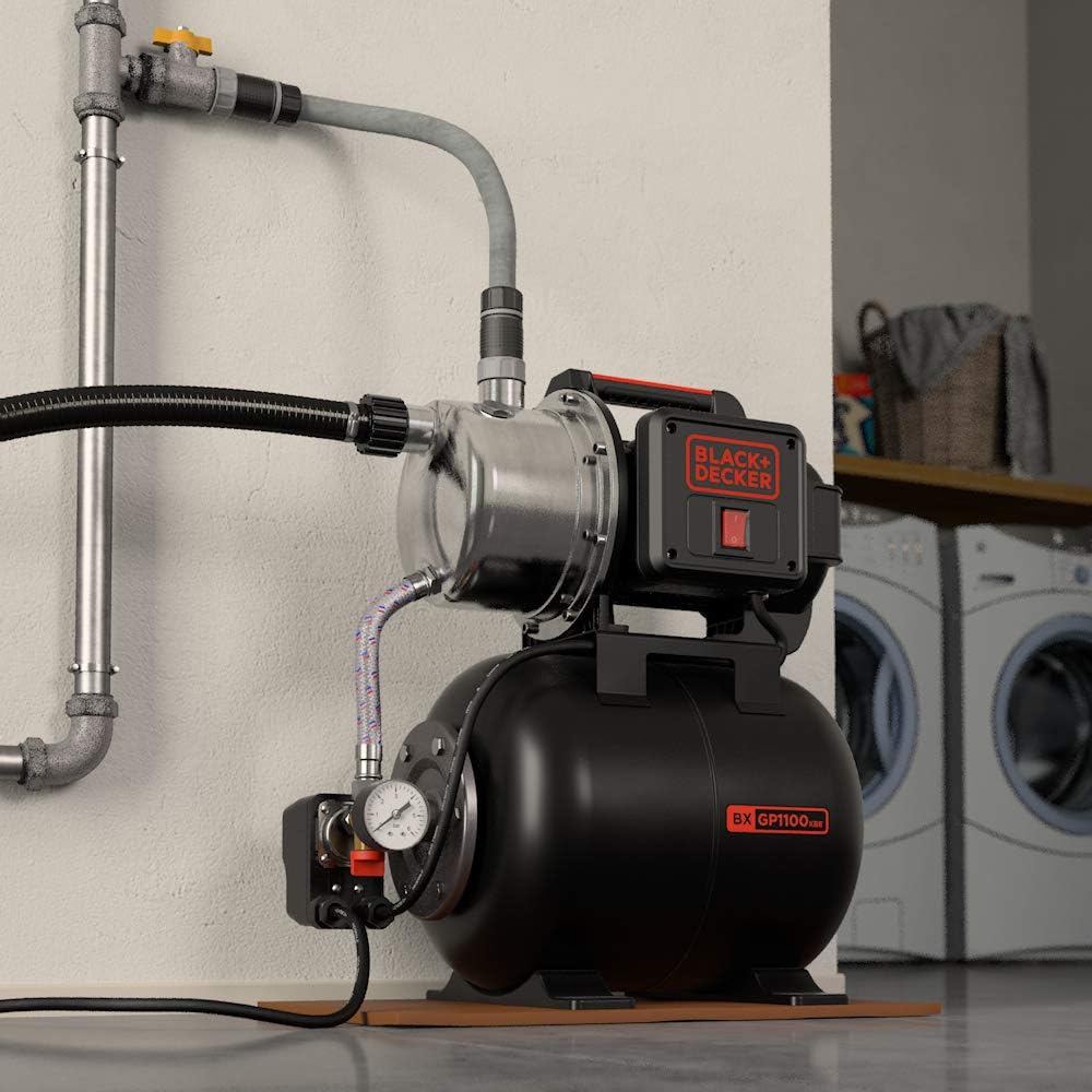 BLACK+DECKER Selbstansaugende Pumpe BXGP1100XBE mit Behälter für Klarwasser (1100 W,max. Förderleist