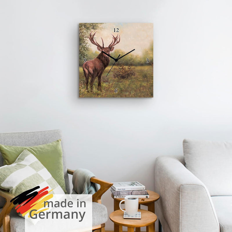 ARTLAND Wanduhr ohne Tickgeräusche Leinwand Quarzuhr 30x30 cm Quadratisch Lautlos Hirsch Tiere Wald