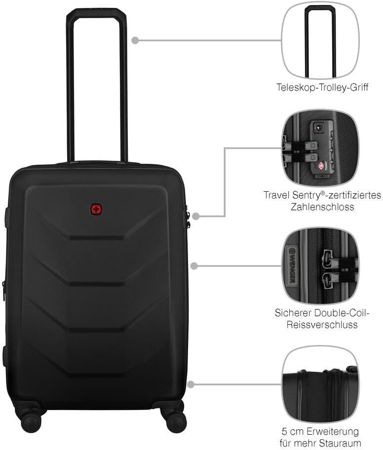 WENGER Prymo Medium Hartschalenkoffer mit 4 Rollen, Trolley, Mittelgross, 59 (67) l, Sicherheitsschl