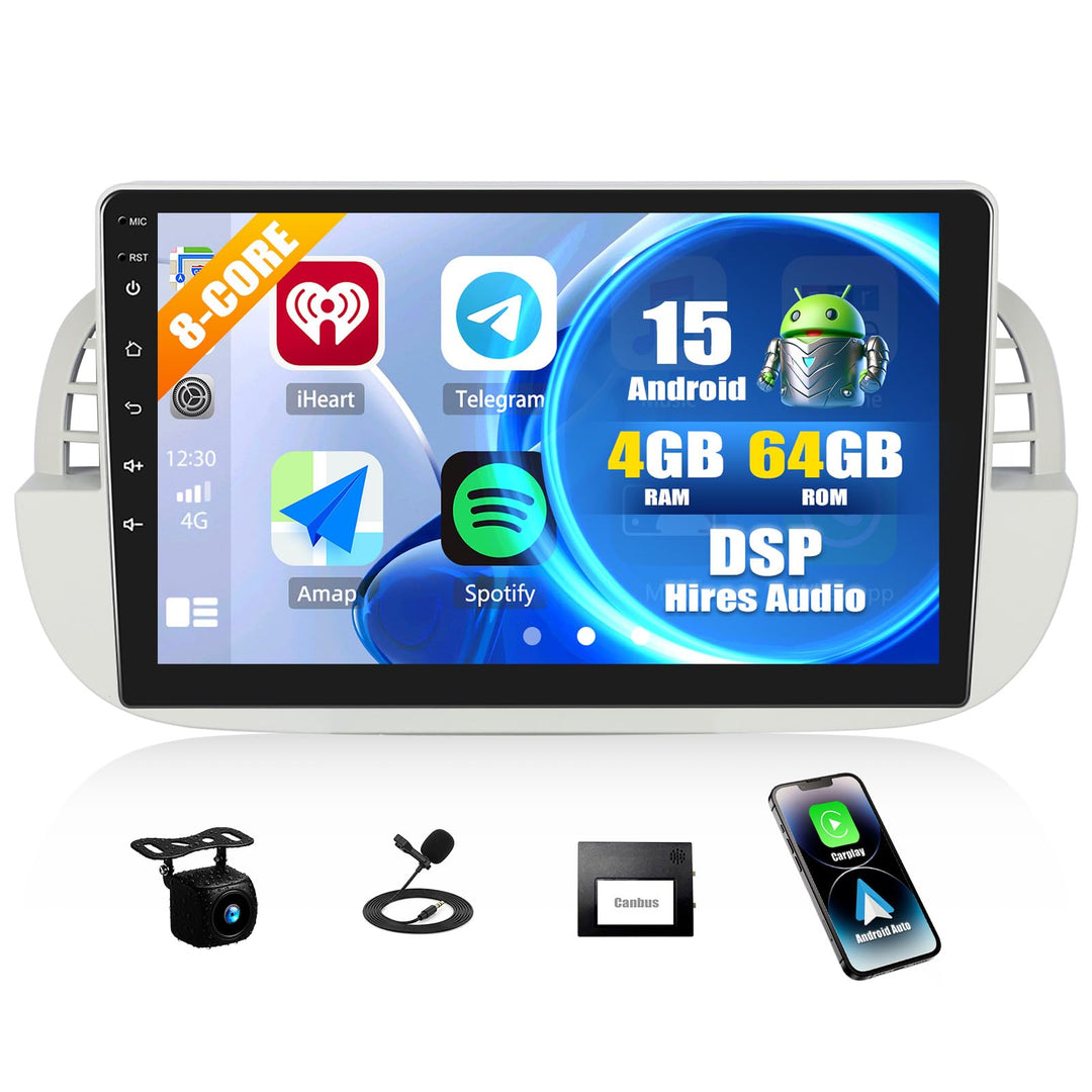 CAMECHO 8-Kern 4+64G Android 15 Autoradio für FIAT 500 2007-2015 mit DSP, 9 Zoll Qualcomm HD IPS Rad