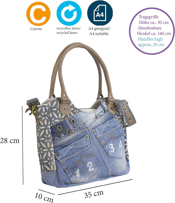Sunsa Damen Nachhaltige Handtasche aus recycelte Jeans Canvas & Leder. Vintage Still grosse Schulter