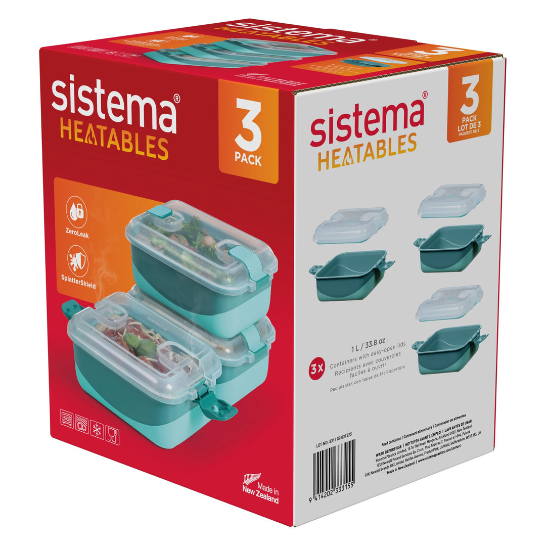 Sistema Heatables Microwave Food Containers | 1L | Leakproof Meal Prep Containers with Lids | 3 Coun