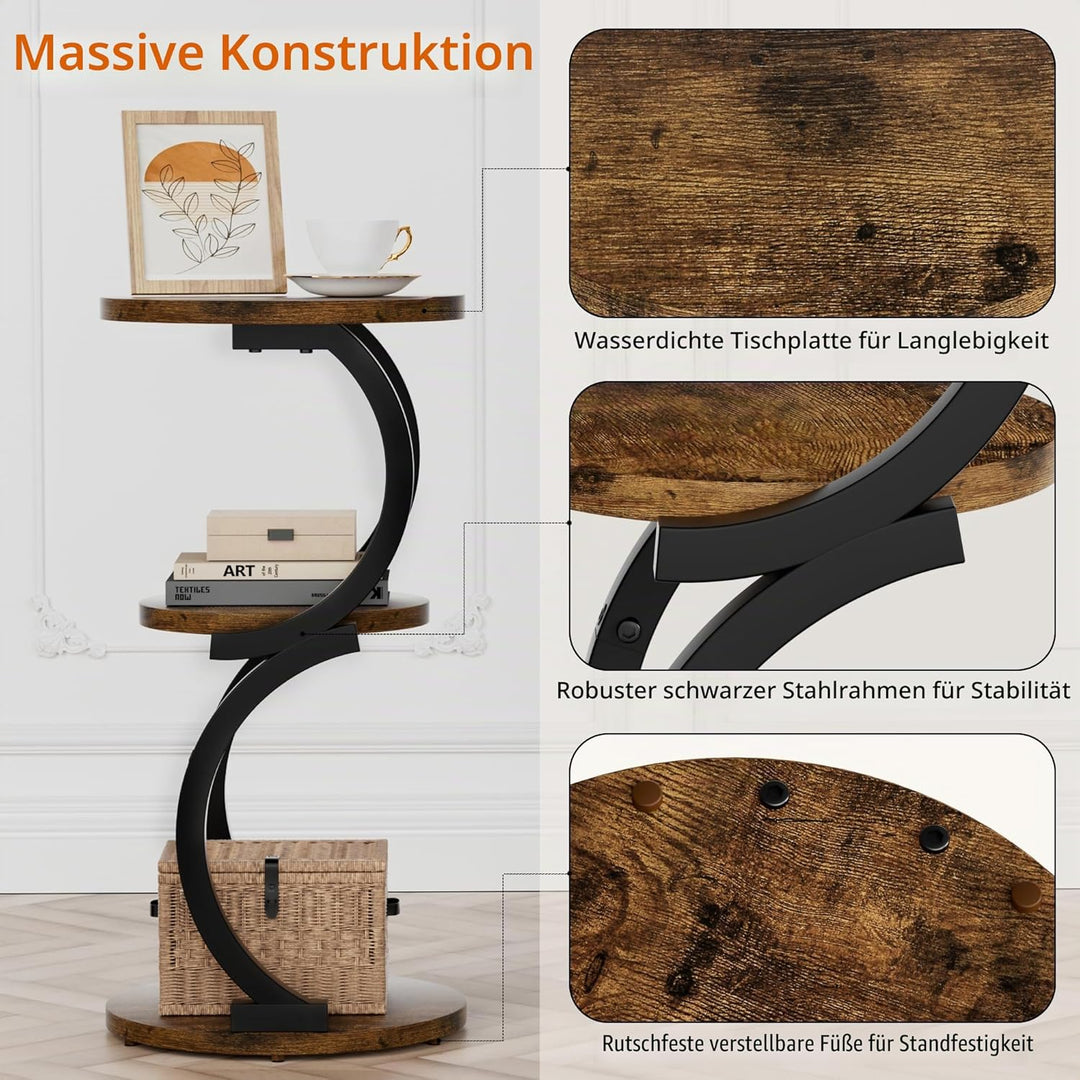 JUSTOGO Beistelltisch Rund, S-förmiges 3-stufiger Couchtisch, Kleiner Tisch Holz, Metall Nachttisch