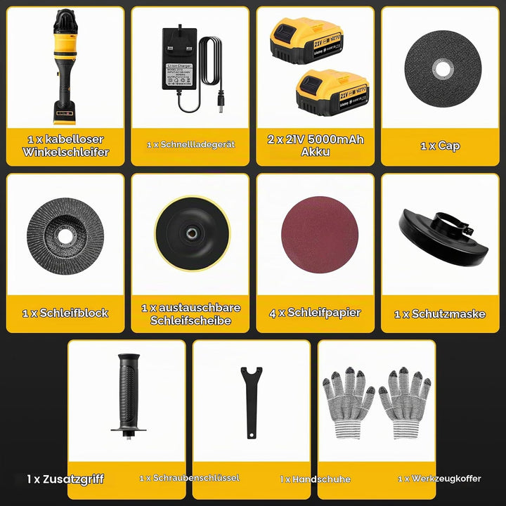 Akku Winkelschleifer - 21V Professional Winkelschleifer Set 16Pcs (Scheiben-Ø 125mm,Leistung 1500W,