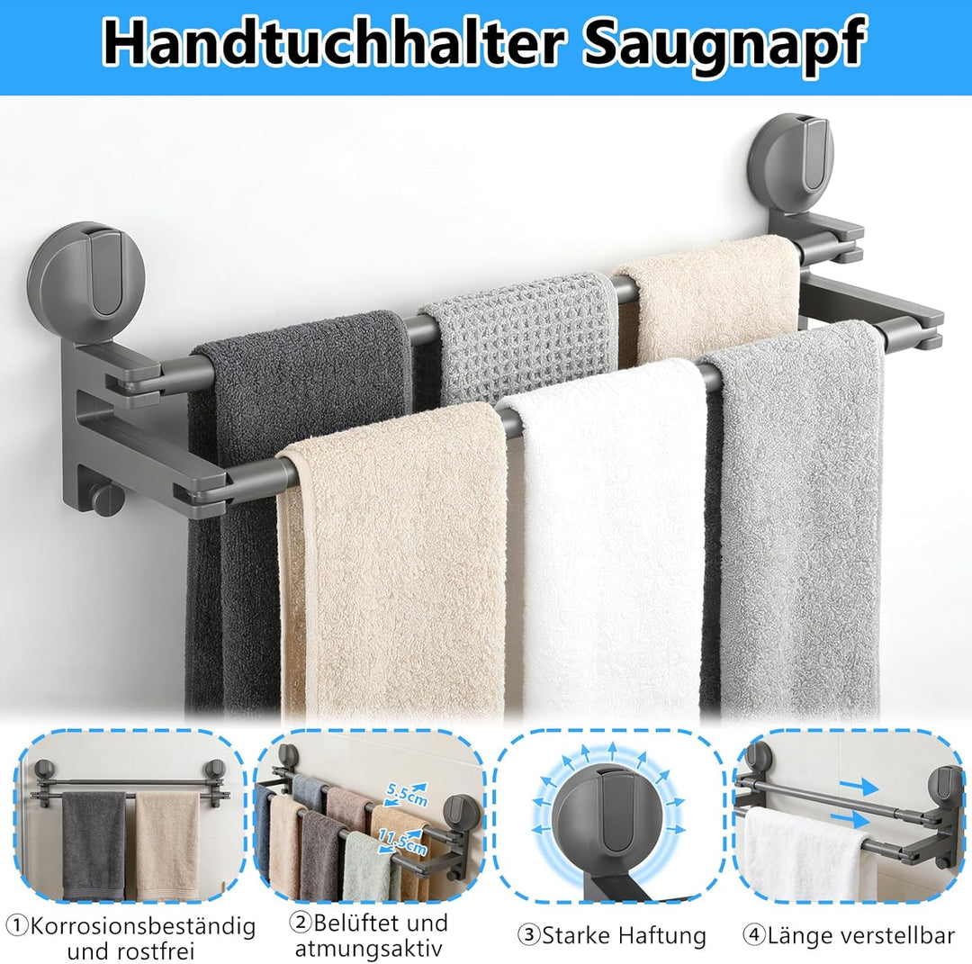 Handtuchhalter Saugnapf mit 2 Haken für Wandmontage Verstellbare Doppelte Handtuchstange Vakuum Bade