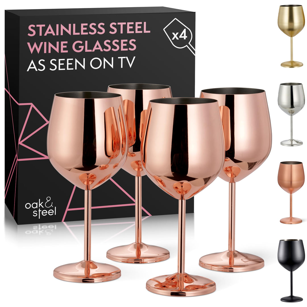 Oak & Steel - 4 Edelstahl Weingläser Geschenkset (540ml) - Roségold/Kupfer - Robust & Unzerbrechlich
