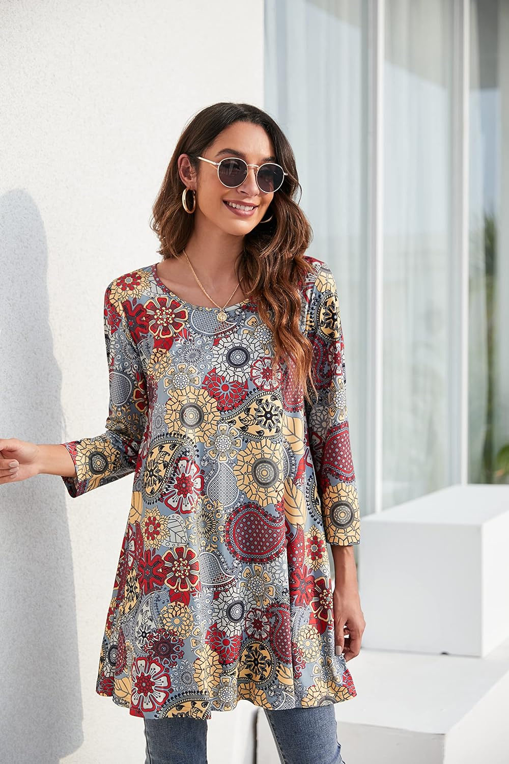 Enmain Damen Tunika Shirt Langarm/Kurzarm Bluse mit Blumen Longshirt Casual Elegante 3/4 Ärmel Rundh