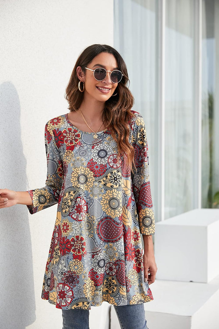 Enmain Damen Tunika Shirt Langarm/Kurzarm Bluse mit Blumen Longshirt Casual Elegante 3/4 Ärmel Rundh