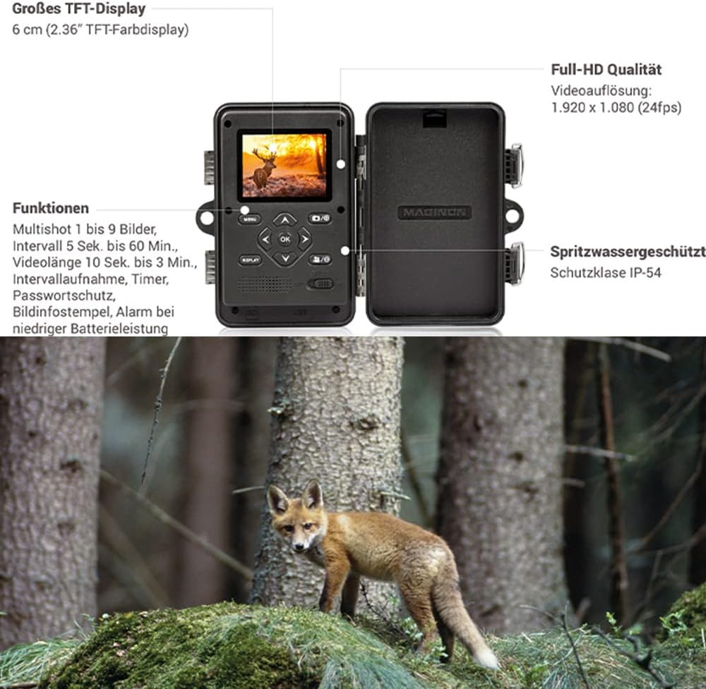 Maginon Wildkamera WK 4 HDW Profi Set, Tier-Überwachungskamera Ink. Diebstahlgehäuse,Solarpanel und