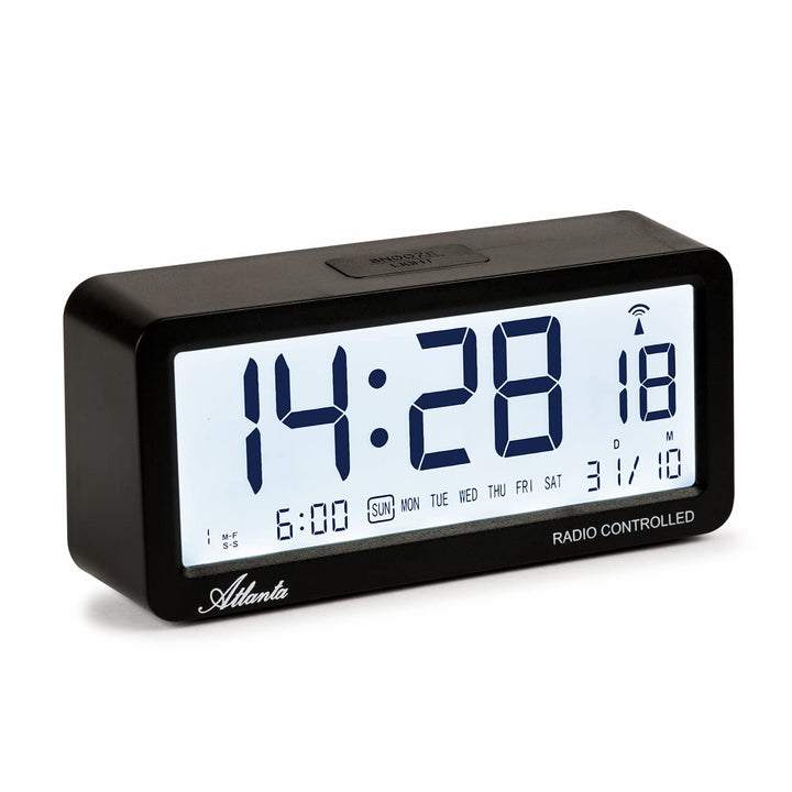 Atlanta Funkwecker Digital-Wecker LCD Snooze Licht Lautlos Ohne Ticken 3 Weckzeiten Alarme Schwarz -