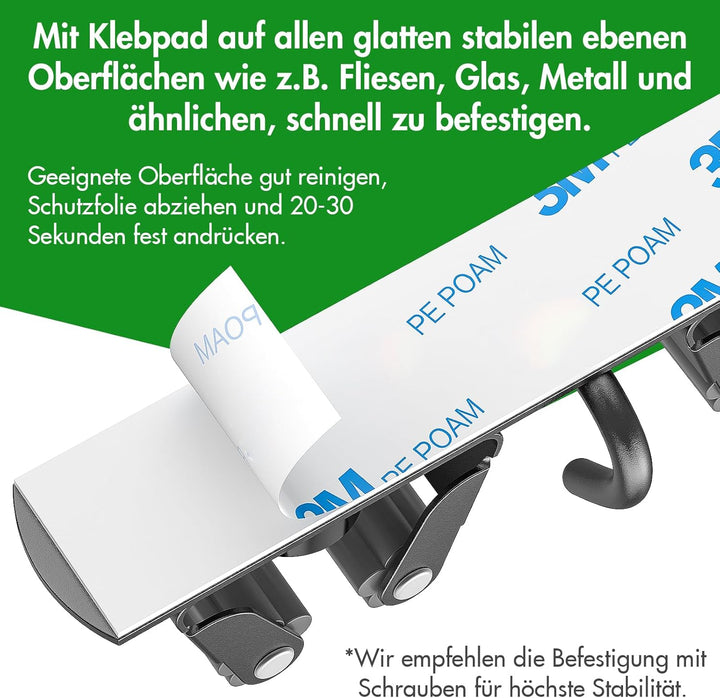 Radikor Besenhalterung Wand, Selbstklebender Besenhalter mit 3 Halter und 2 Haken, Edelstahl Geräteh