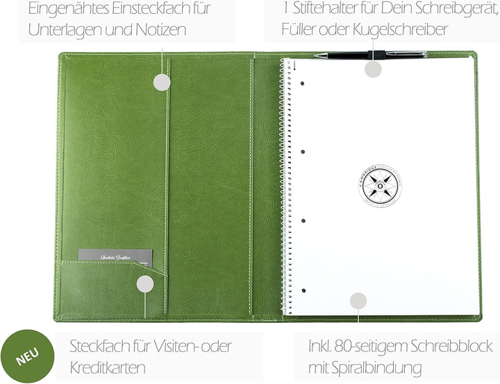 DELMON VARONE - Schreibmappe inkl. Notizblock DIN A4 (80 Blatt) aus veganem Eco Kunstleder Grün - Or