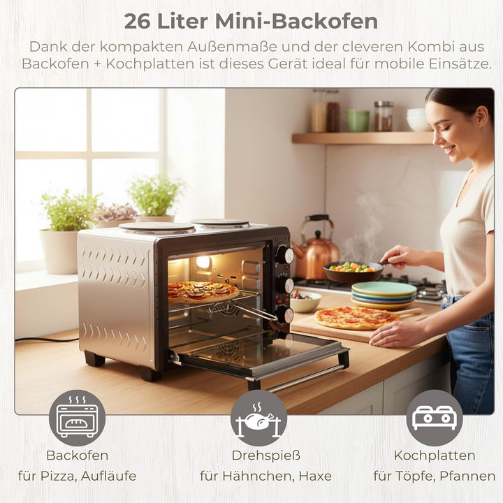 Syntrox Germany 26 Liter Mini Stand Backofen mit Umluft und Drehspiess kleinküche Minieküche mit 2 K
