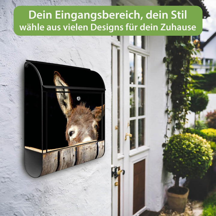 banjado® Design Briefkasten mit Esel 38,5x46,5x13cm & 2 Schlüssel - Briefkasten Stahl schwarz mit Ze