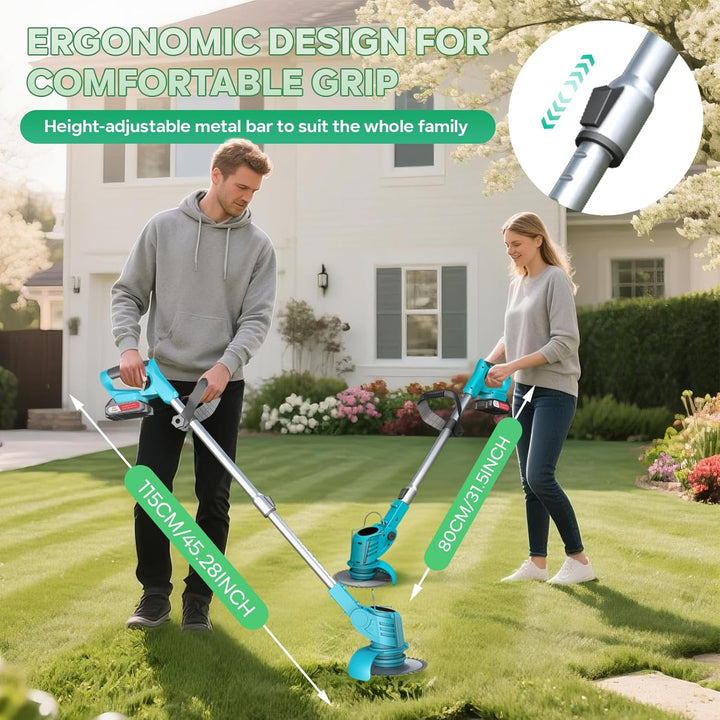 Rasentrimmer mit Akku – Akku Rasentrimmer 800W, 9000 U/min, 2x1500mAh, Teleskopgriff 71–106cm, 4 Sch