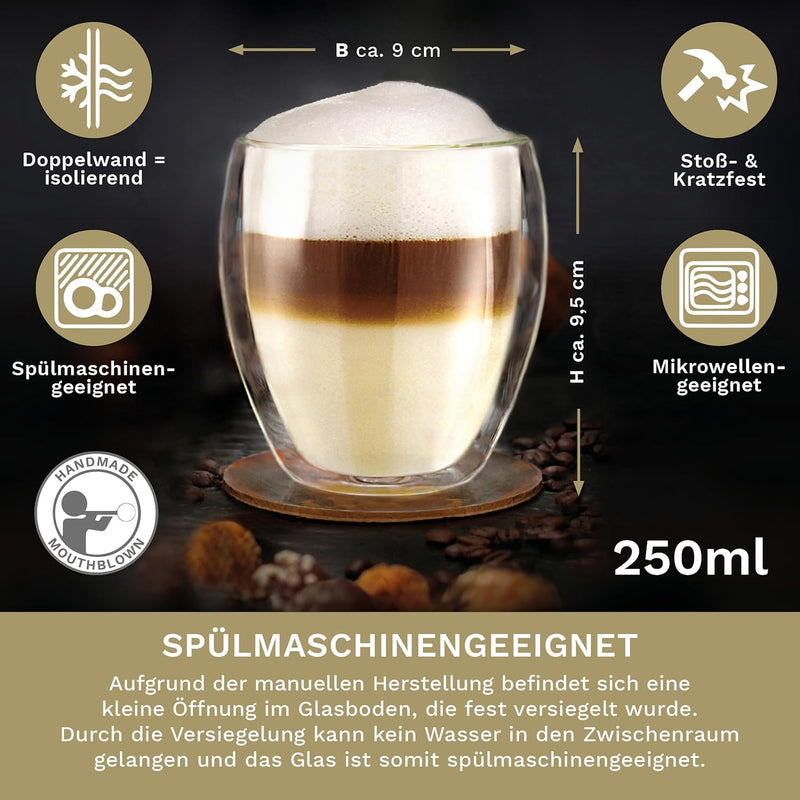 Creano doppelwandige Gläser 250ml „DG-Bauchig“, 6er Set, grosses Thermoglas doppelwandig aus Borosil