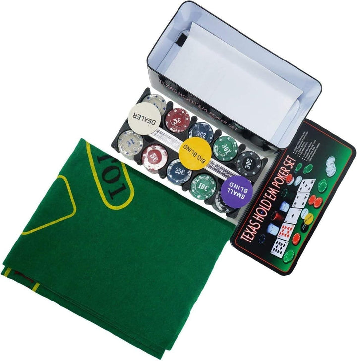 ELAELA Pokerset Metallbox, 200 Pokerchips, 2 Decks, Dealer-Button, Blind klein, grosser Blind, Spiel