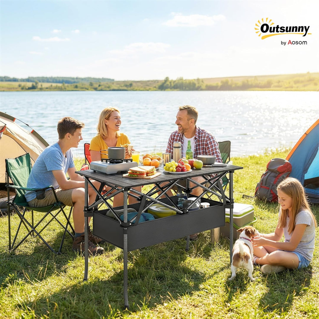 Outsunny Campingtisch Klapptisch mit Netzfach, Tragetasche, Gartentisch aus Aluminium Falttisch Beis