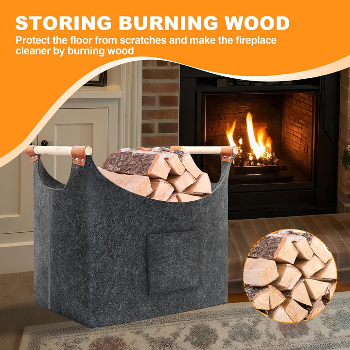 Holzkorb für Kaminholz, Felt Basket, Extra Thick Felt and Reinforced Handle, Filz Holzkorb für Kamin