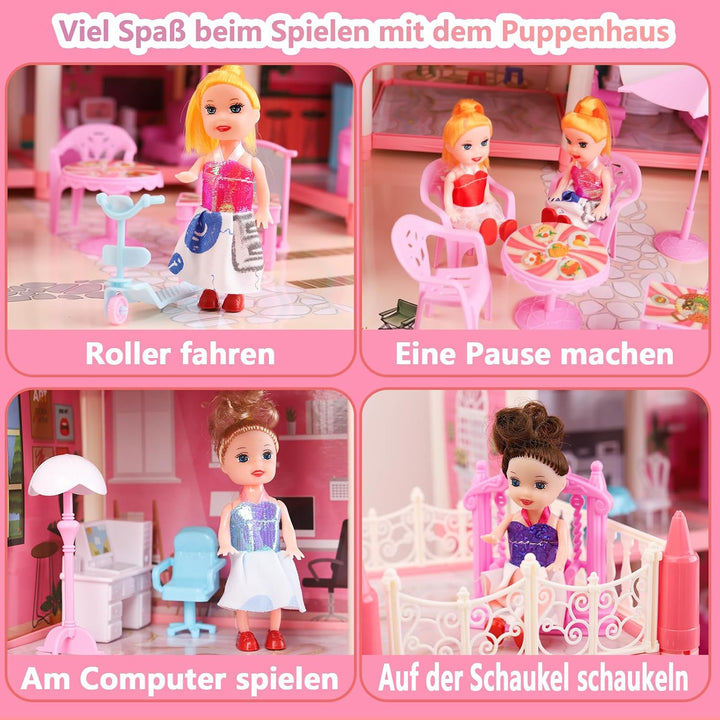 Grosses Puppenhaus für Mädchen von 3–12 Jahren, 11 Zimmer, Puppenhaus mit Beleuchtung, Spielmatte, P