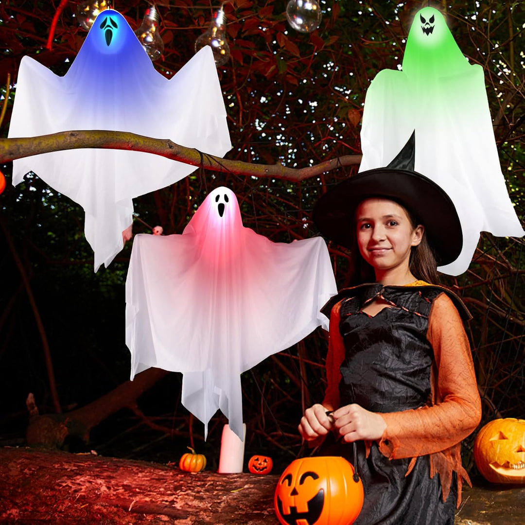 3 Stück Halloween Hängende Geister Deko, 67CM niedliche Leuchtend Gespenster fliegenden Geister, Hal