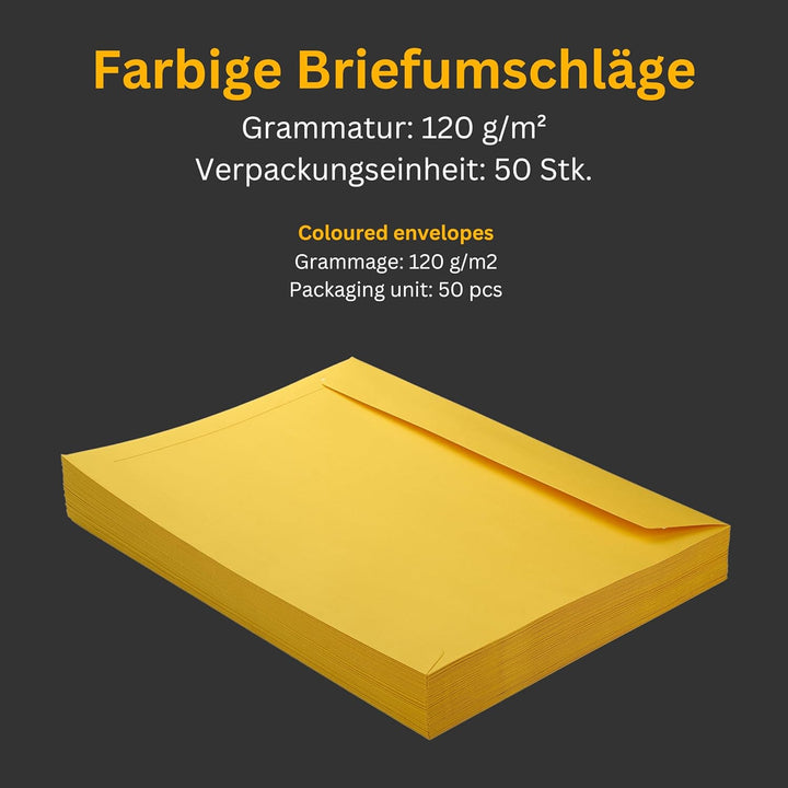 50 Stück, Farbige Briefumschläge, DIN C4, Haftklebung mit Abziehstreifen, Gerade Klappe, 130 g/qm Co