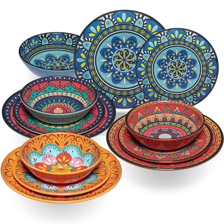 Melamin Geschirr Set Toskana Pastel für 4 Personen - BUNT - Mandala-Optik Spülmaschinengeeignet Essg