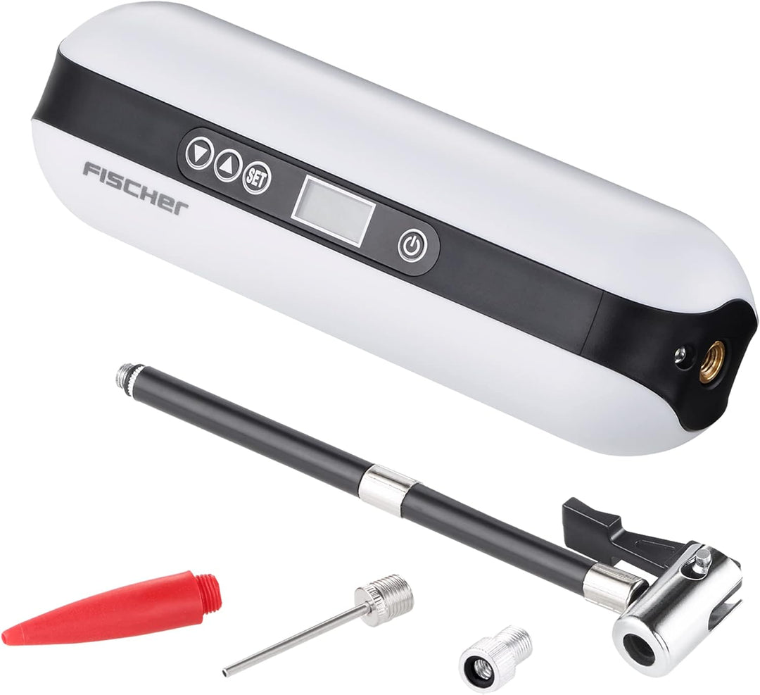 FISCHER 50375 Akkukompressor, elektrische Luftpumpe 10,3 Bar, Powerbank und Taschenlampe, für Fahrra