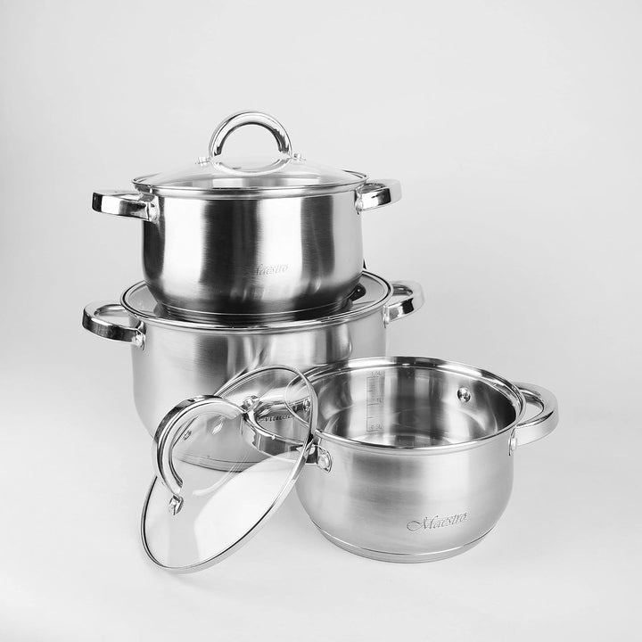 Maestro MR-2120-6L Kochtopf Set Edelstahl, 6-Teilig, Induktion, 3 Topfe, 3 Glasdeckel, Geeignet für