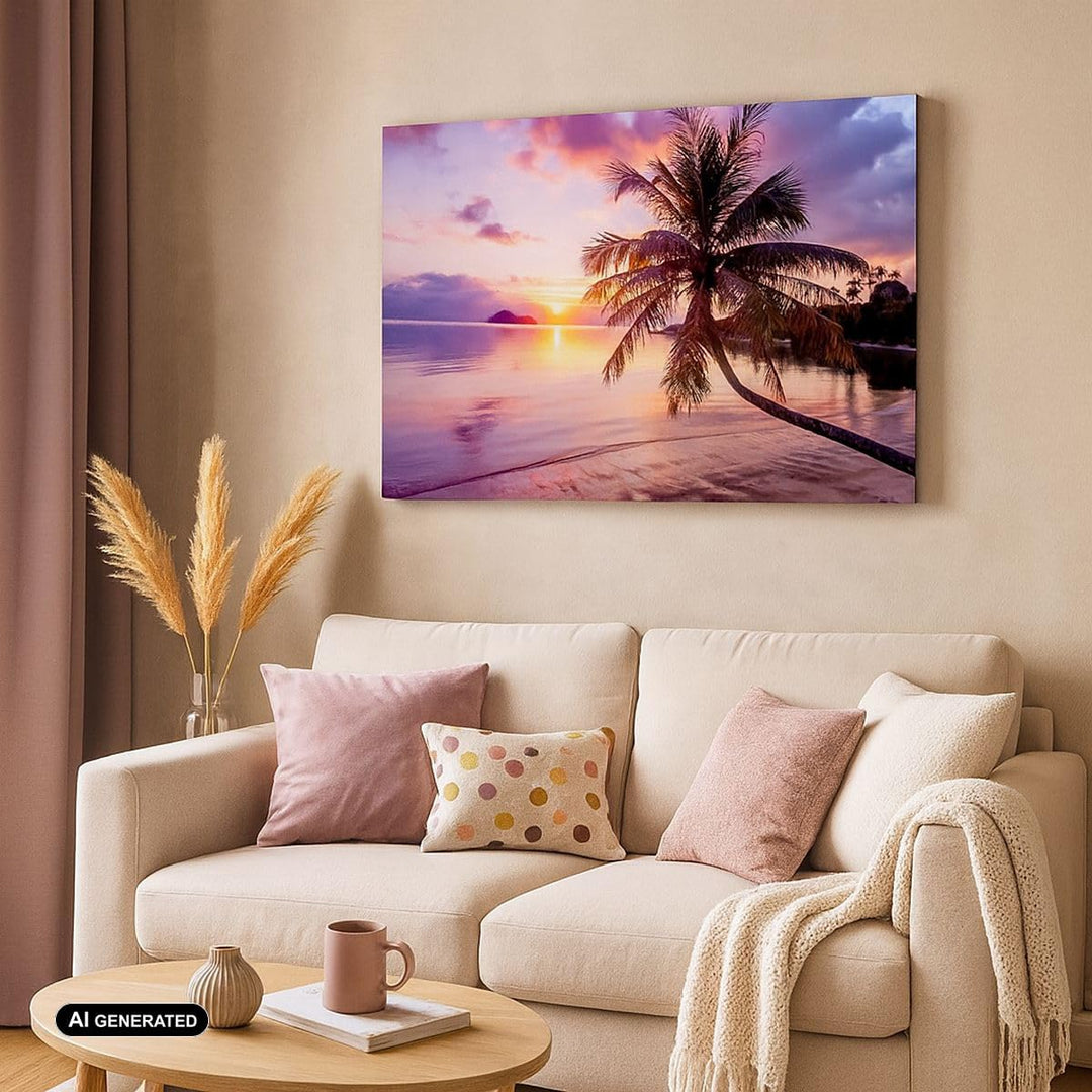 Bilder auf Leinwand Strand Meer Palme Leinwandbild mit Rahmen 70x50cm Wandbilder Dekoration Wohnzimm