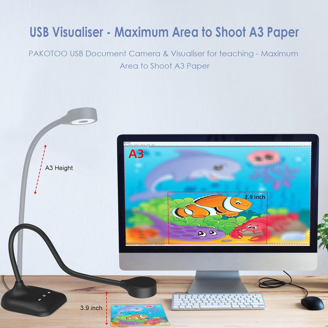 PAKOTOO USB Dokumentenkamera &amp; Visualizer Schule im A3-Format, 3-stufige LED-Leuchten, Bildumkehrung