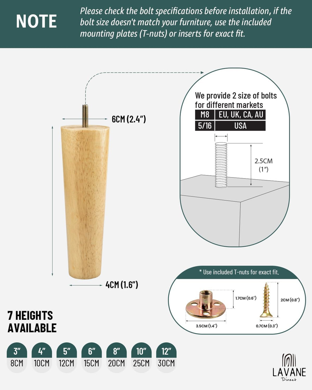 La Vane 3.15 Zoll / 8cm Holz Tischbeine, 4 Stück Massivholz Konisch Ersatz Möbelfüsse Möbelbeine mit
