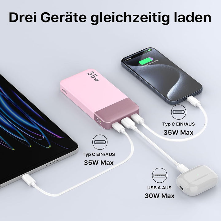 NOBIS Power Bank 35W 10000 mAh Powerbank – Schnellladung mit 2 USB-C EIN- & Ausgängen, 1 USB-A Ansch