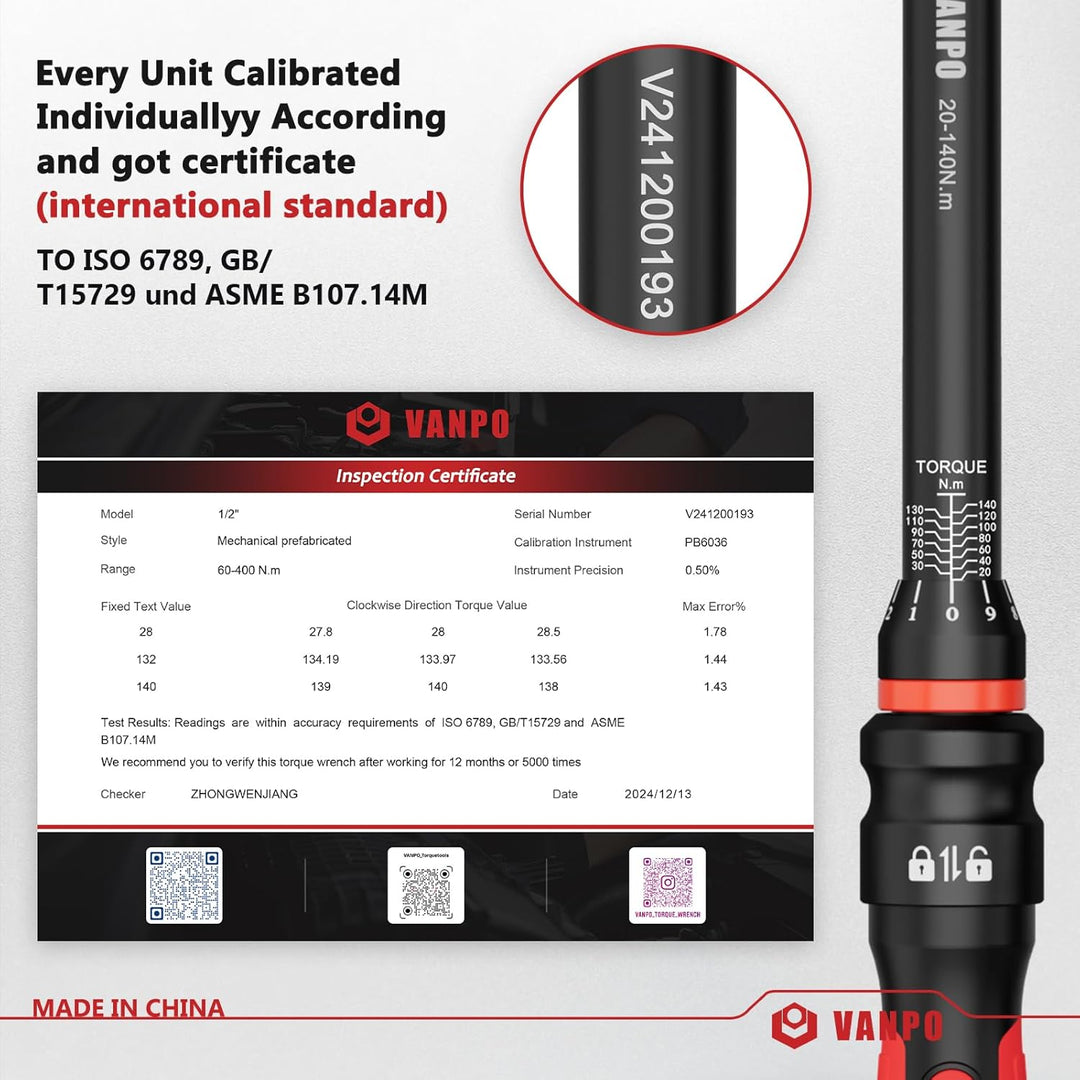 VANPO Drehmomentschlüssel 1/2 Zoll, 20–140 Nm für Motorrad & Auto, ±3% Genauigkeit, 45cm Hebelarm, E