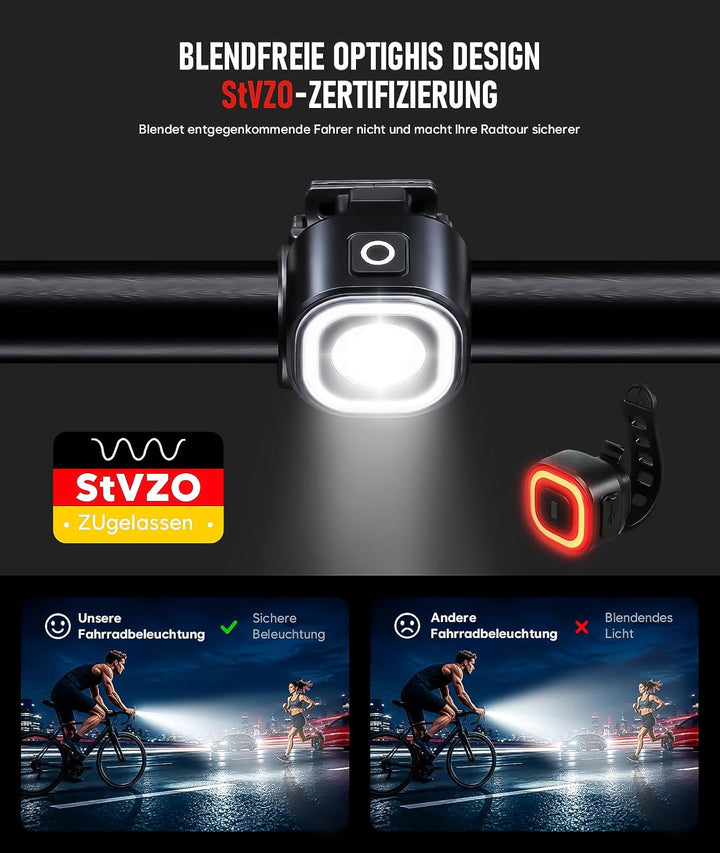 Fahrradlicht Set, LED Fahrradbeleuchtung Set mit Smart Bremslichtfunktion Rücklicht, StVZO-zugelasse