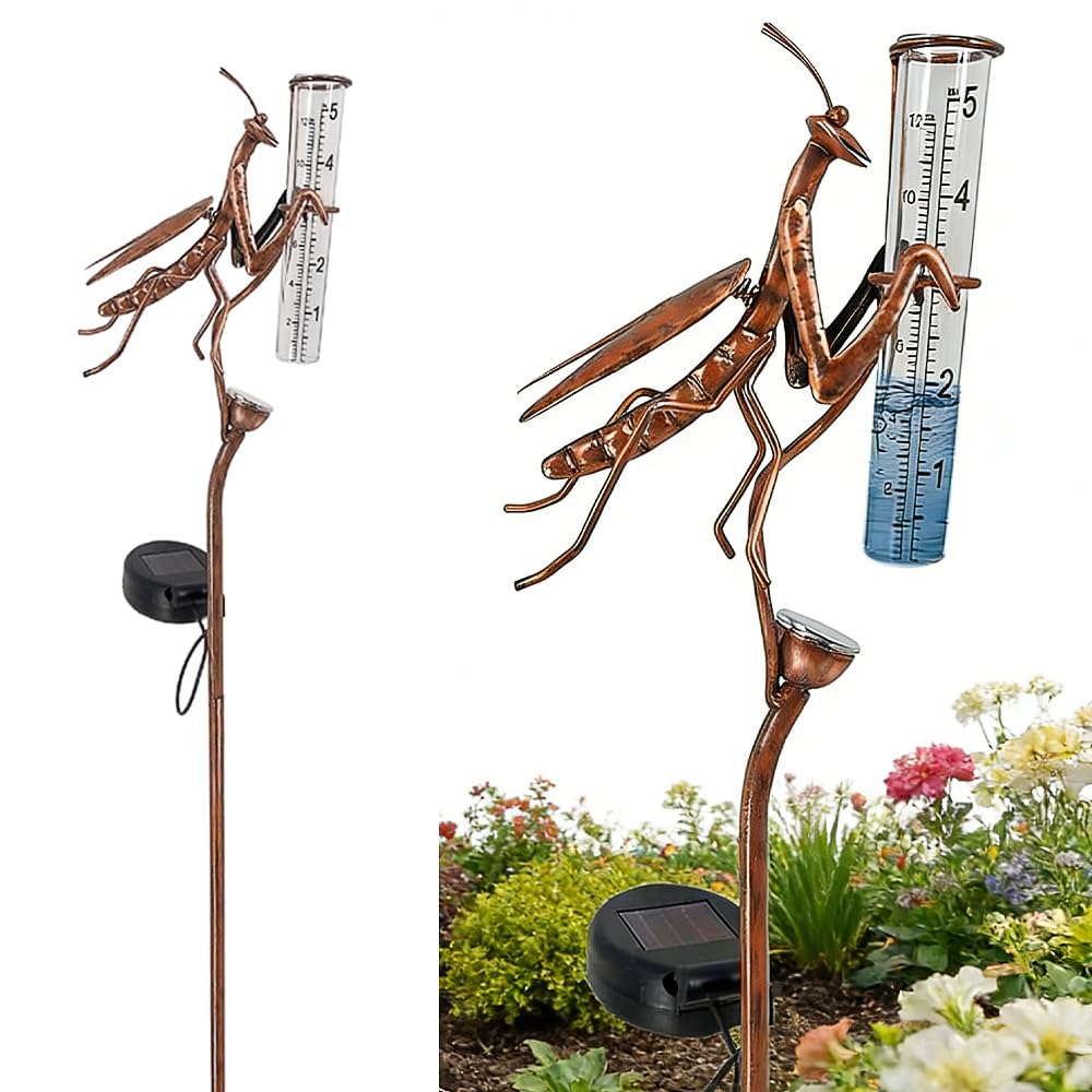 Regenmesser für Garten, Solar Regenmesser für Garten mit Erdspiess und LED, Metall Gottesanbeterin f