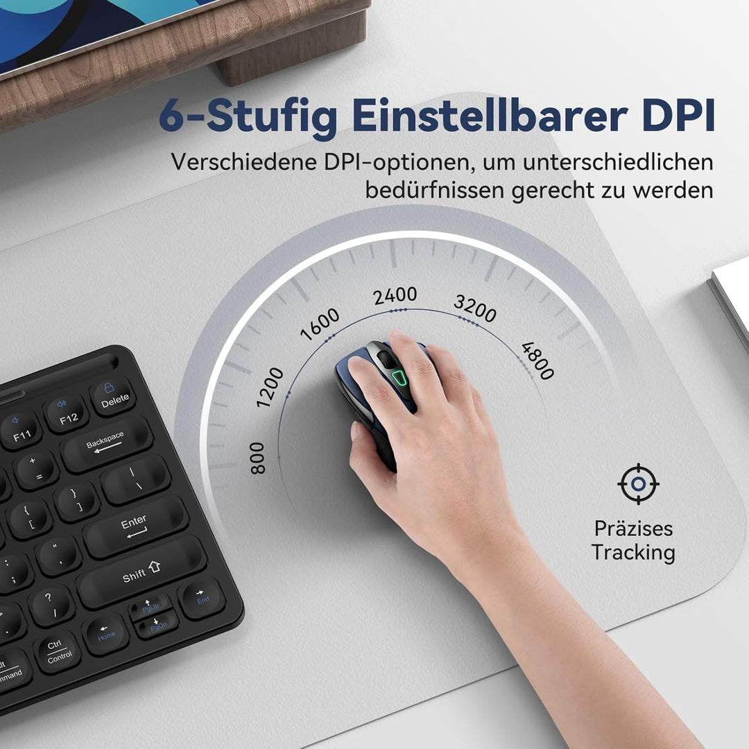 TechRise Bluetooth Maus, 2.4G Maus Kabellos (BT 5.0/3.0 + 2.4G) 4800 DPI Wiederaufladbare Ergonomisc