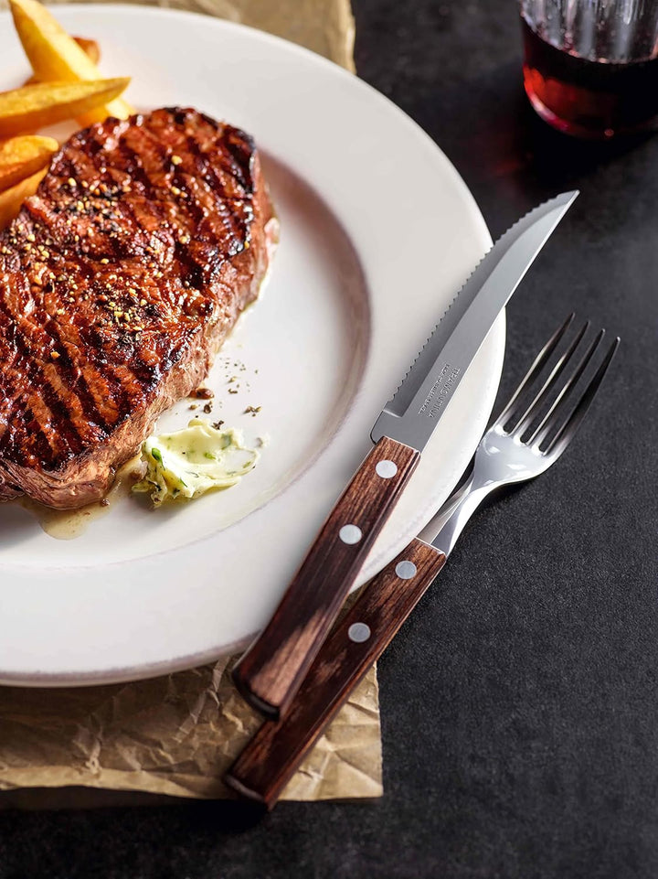Tramontina Steakmesser Pizzamesser, Set 6-teilig, mit 6 Steakmessern aus Edelstahl, Echtholzgriff br