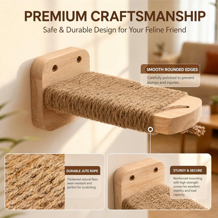 Katzentreppe Wand 2er-Pack, Katzenleiter aus Massivholz mit Juteseil, Kletterwand Katzen, Kratzfunkt