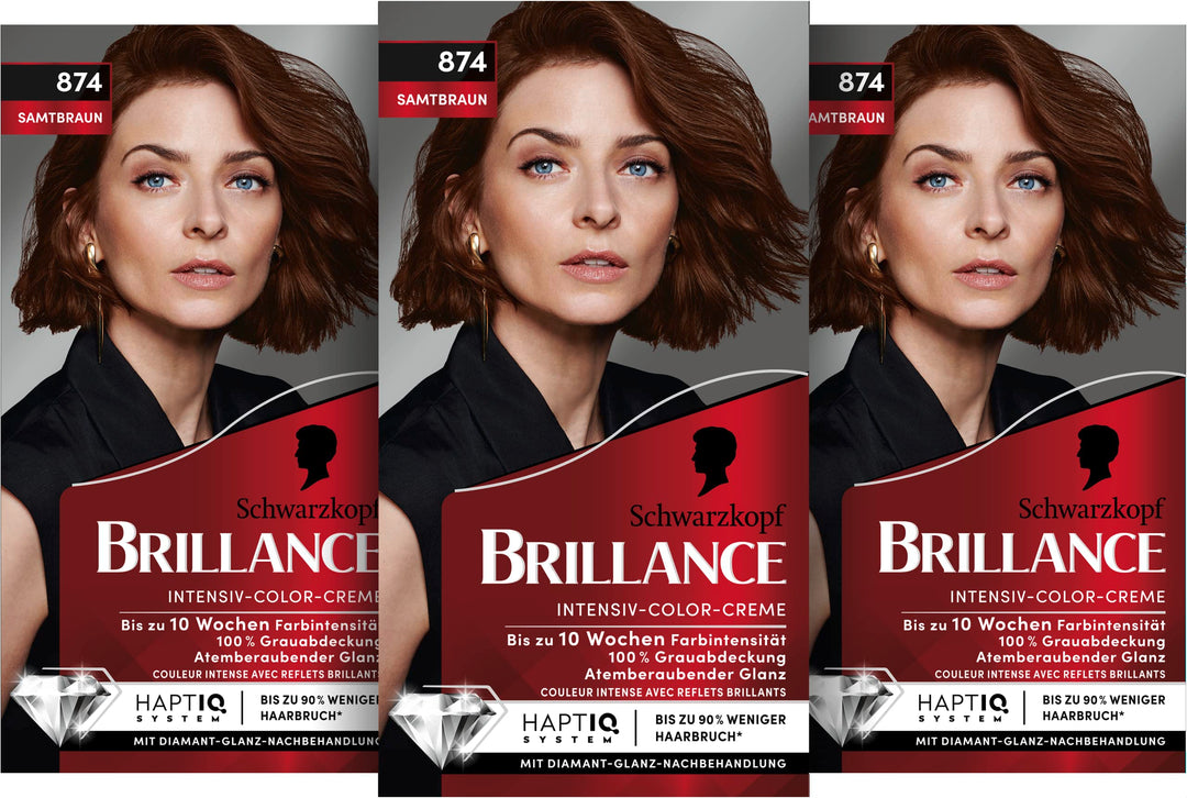 Brillance Intensiv-Color-Creme 874 Samtbraun (3x 160 ml), dauerhafte Haarfarbe mit Diamant-Glanz und