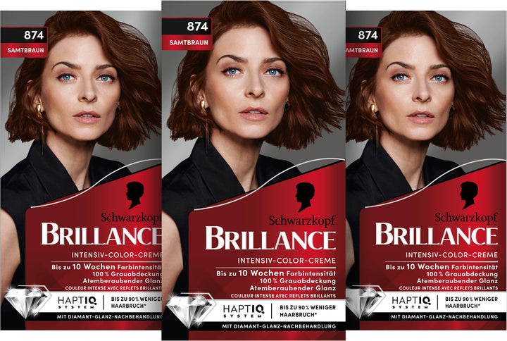 Brillance Intensiv-Color-Creme 874 Samtbraun (3x 160 ml), dauerhafte Haarfarbe mit Diamant-Glanz und