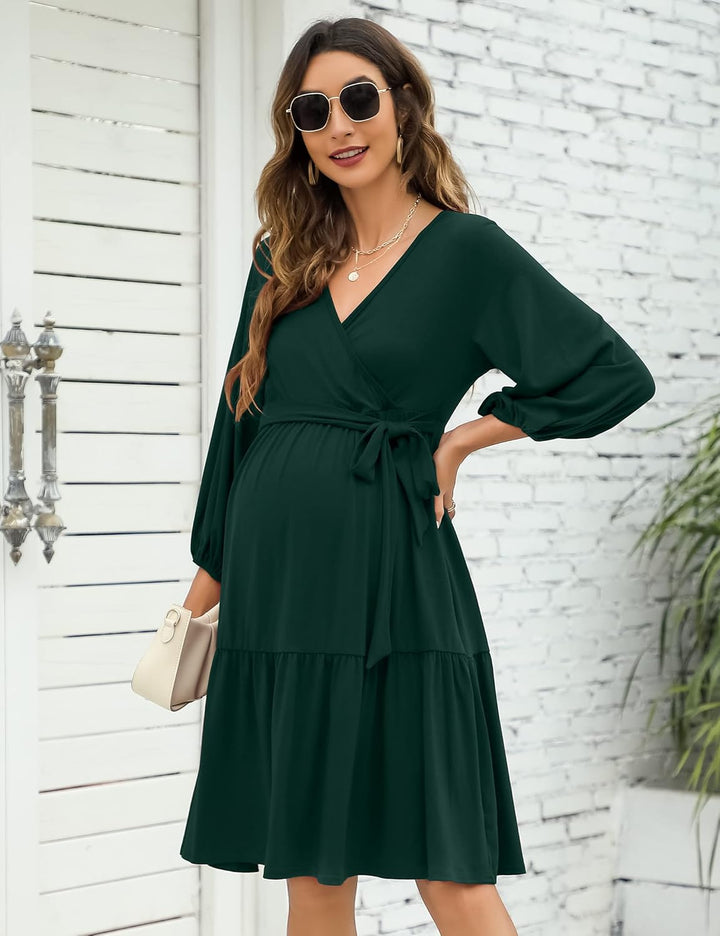 KOJOOIN Damen Umstandskleid V-Ausschnitt 3/4 Ärmel Stillkleid Rüschen Schwangerschafts Kleider mit G