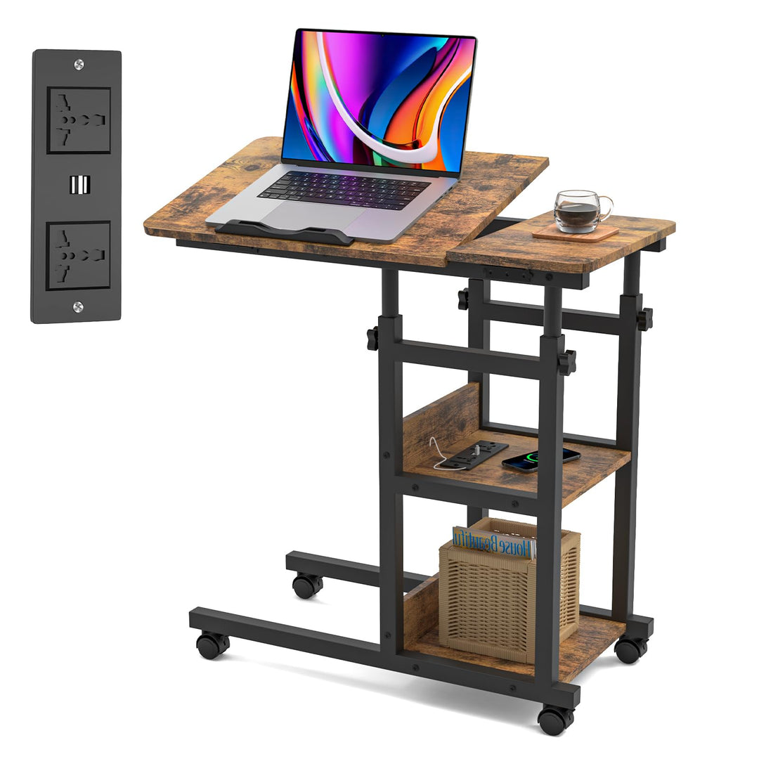 PIPIPOXER Beistelltisch mit Rollen, 80cm x 40 cm Sofatisch Rollen mit Steckdose & USB, Laptoptisch H