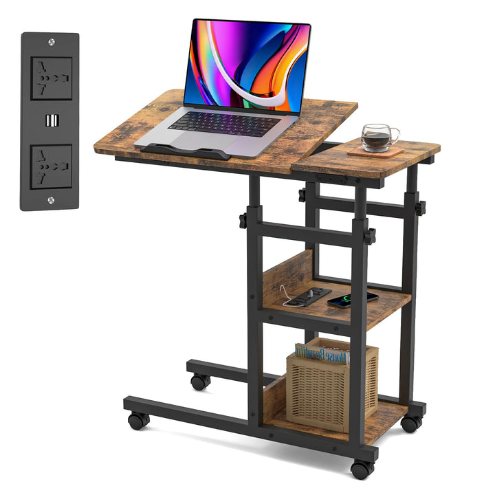 PIPIPOXER Beistelltisch mit Rollen, 80cm x 40 cm Sofatisch Rollen mit Steckdose & USB, Laptoptisch H