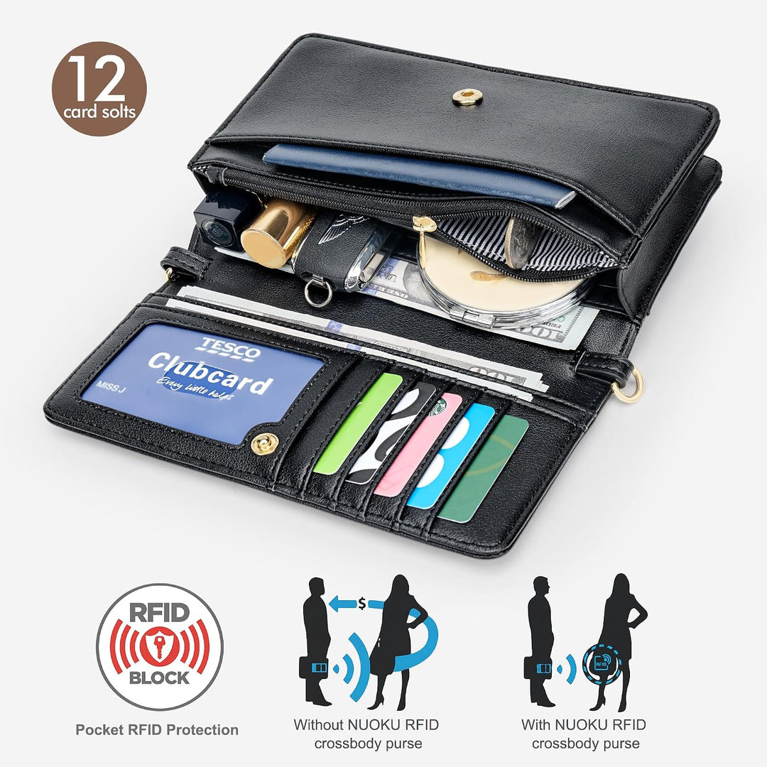 nuoku Umhängetasche Handytasche Damen Clutch Schultertasche im Klein Format mit RFID Karte-Slots 2 A