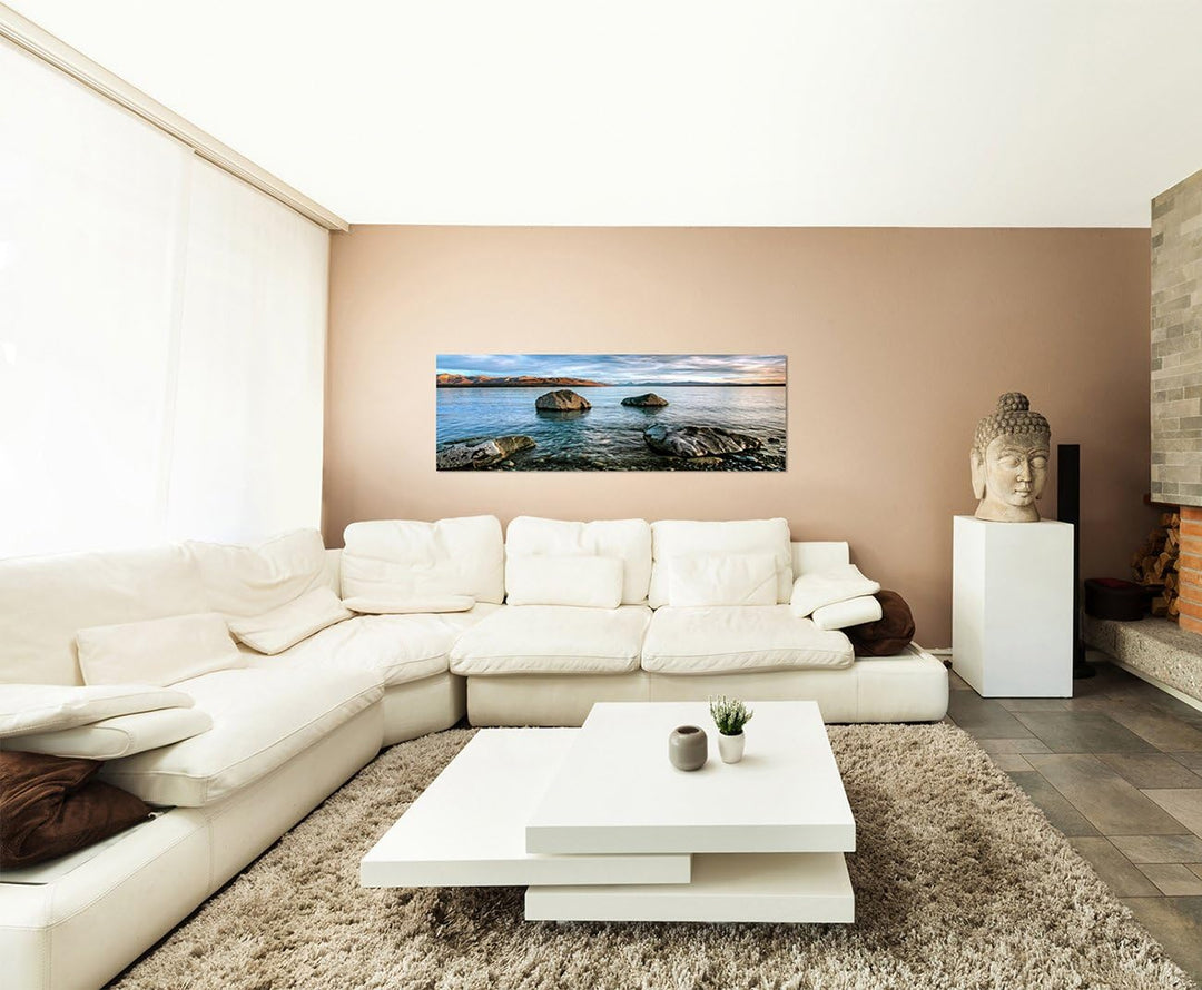 Paul Sinus Art Panoramabild auf Leinwand und Keilrahmen 150x50cm Neuseeland Wasser Felsen Wolkenhimm