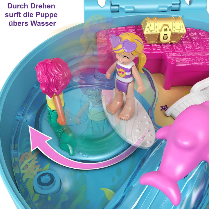 Polly Pocket GTN20 - Delfinstrand Schatulle, 2 kleine Puppen, 5 Überraschungen, 13 Zubehörteile, Pop