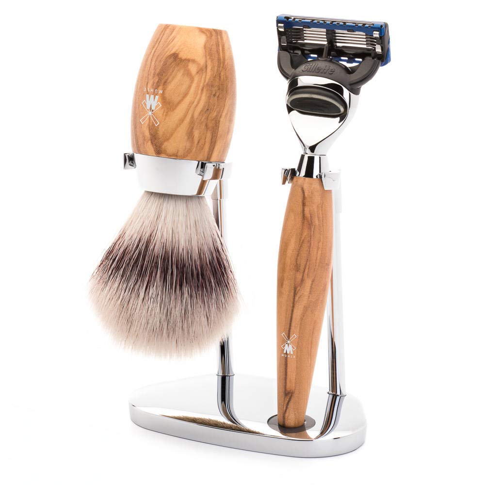 MÜHLE Rasierset - Kosmo Serie - Silvertip Fibre - kompatibel mit Gillette-Klingen - Olivenholz